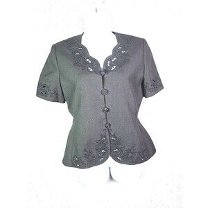 Le Suit Blazer 12 Black Short Sleeve Collarless Beaded Embroidered Office Chic